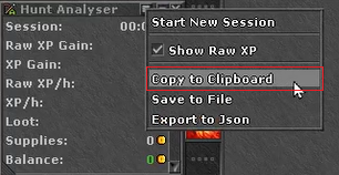 Hunt Analyser: clique com o botão direito e selecione Copy to Clipboard para copiar o relatório de criaturas mortas.