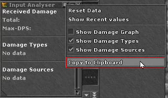 Input Analyser: em Received Damage, selecione Copy to Clipboard para copiar o relatório de dano recebido.