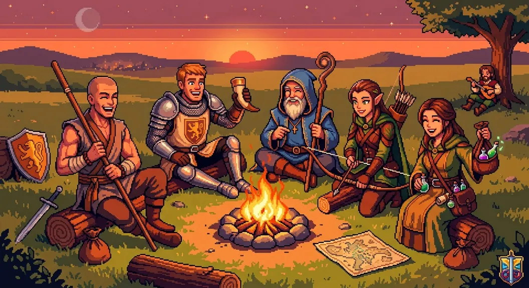 Aventureiros reunidos ao redor de uma fogueira ao entardecer